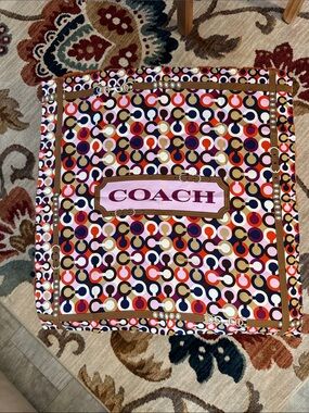 Coach Multicolor Logo Silk-Style Square Scarf with Brown Trim